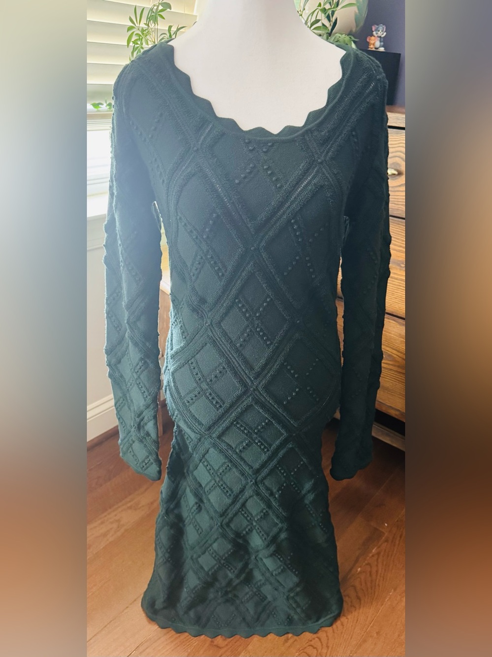 Burberry Dark Green Scalloped V-Neck Knit Dress